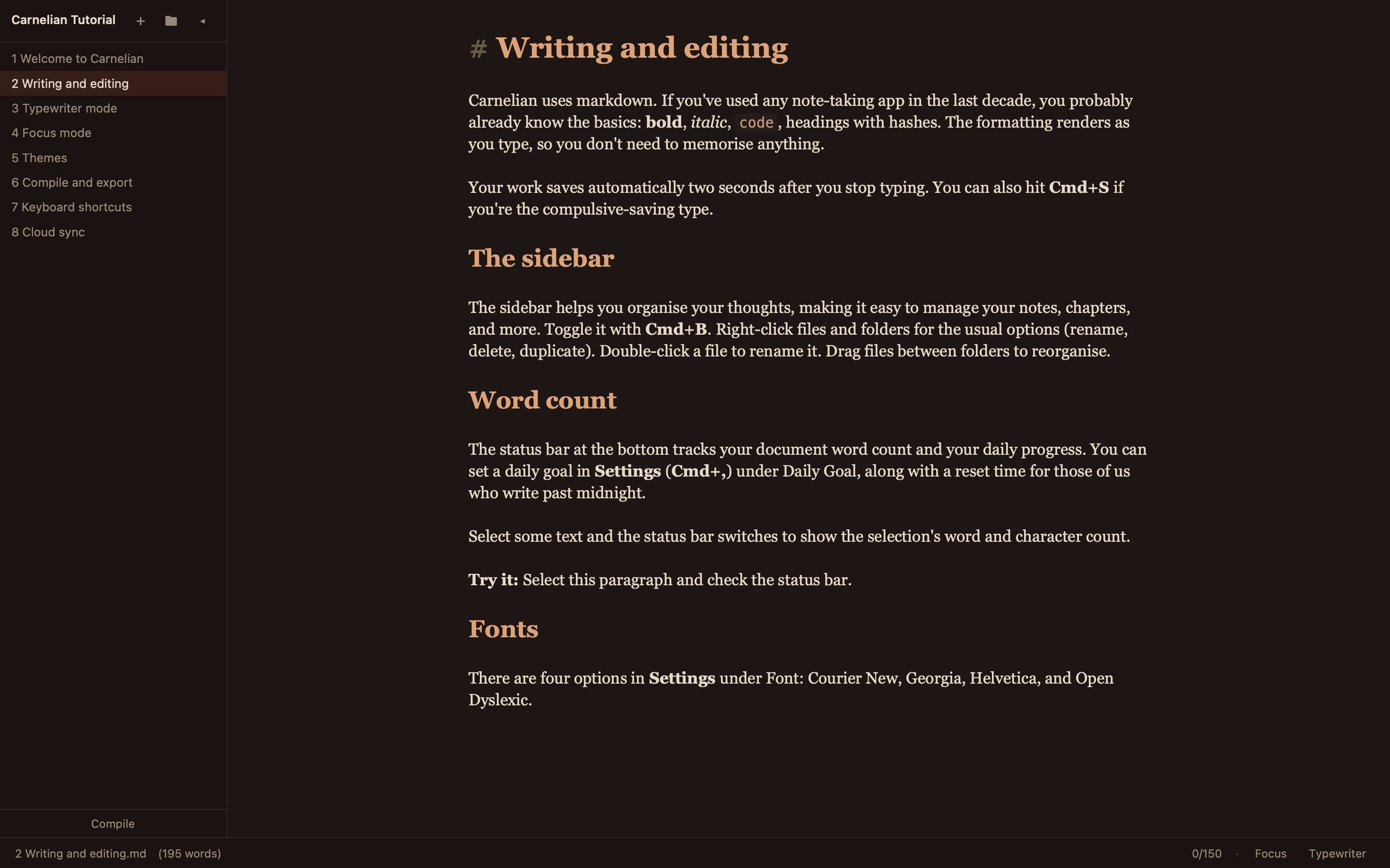 Writing and editing in Carnelian's dark theme